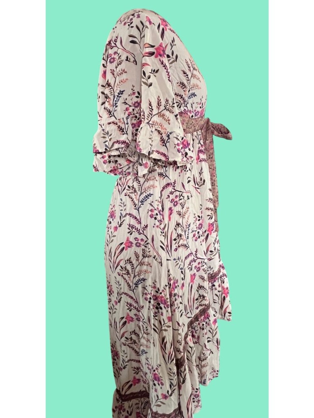 Floral High-Low Wrap Dress With Ruffle Hem Bell Sleeves & Tie Waist Beige & Pink - Picture 9 of 11